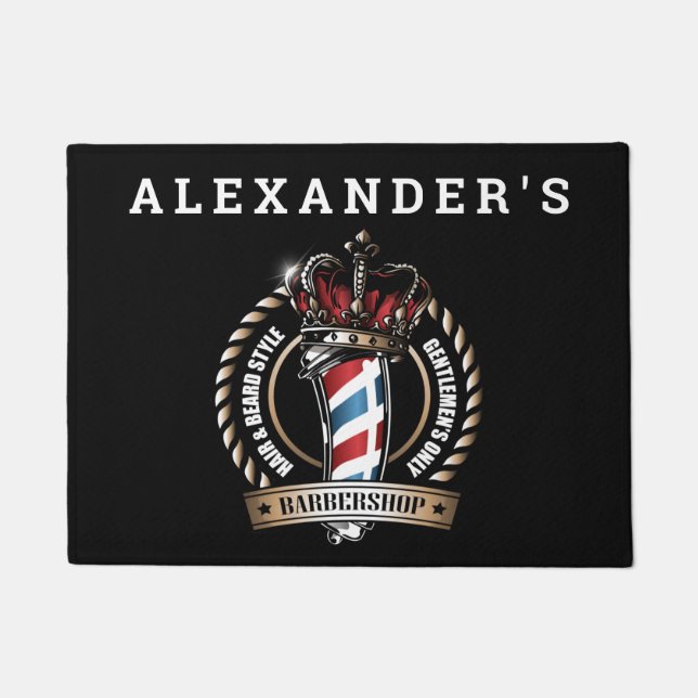 Crowned Barber Pole Logo Personalise Doormat (Front)