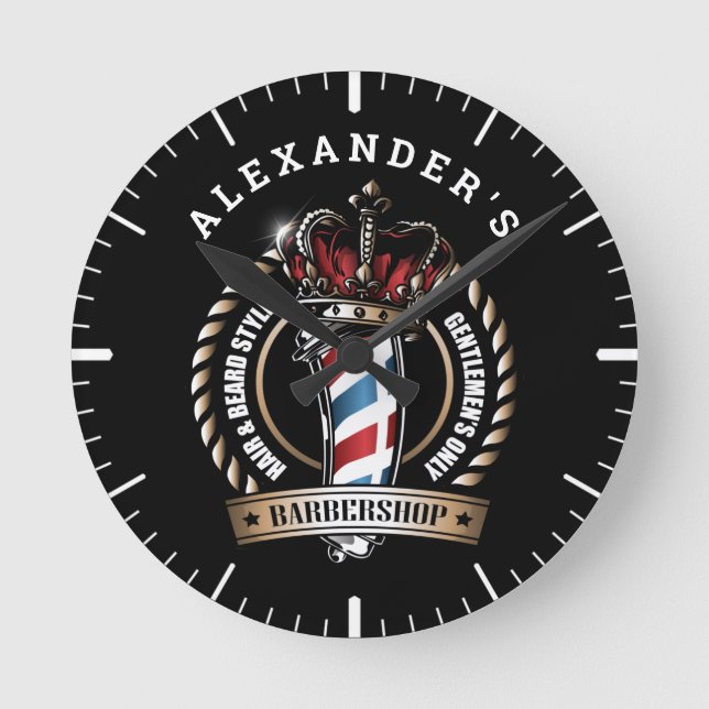 Crowned Barber Pole Logo Personalise Round Clock (Front)