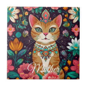 Crowned Bejewelled Cat Ceramic Tile