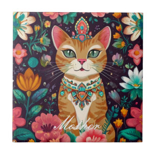 Crowned Bejewelled Cat  Ceramic Tile