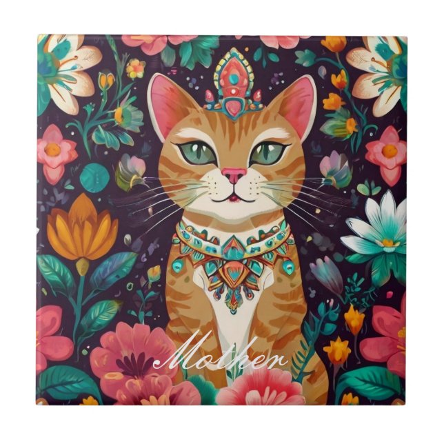 Crowned Bejewelled Cat  Ceramic Tile (Front)