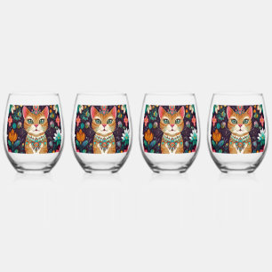 Crowned Bejewelled Cat Stemless Wine Glass