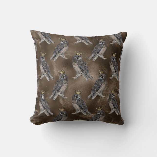 Crowned Grey Owls on Brown Cushion (Front)