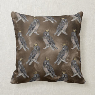 Crowned Grey Owls on Brown Cushion