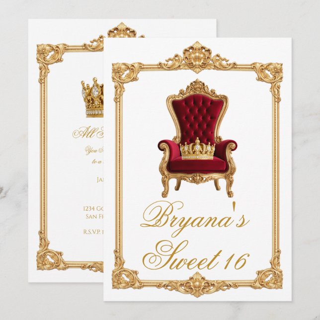Crowned in Gold Royal Chair Birthday Party Invitation (Front/Back)