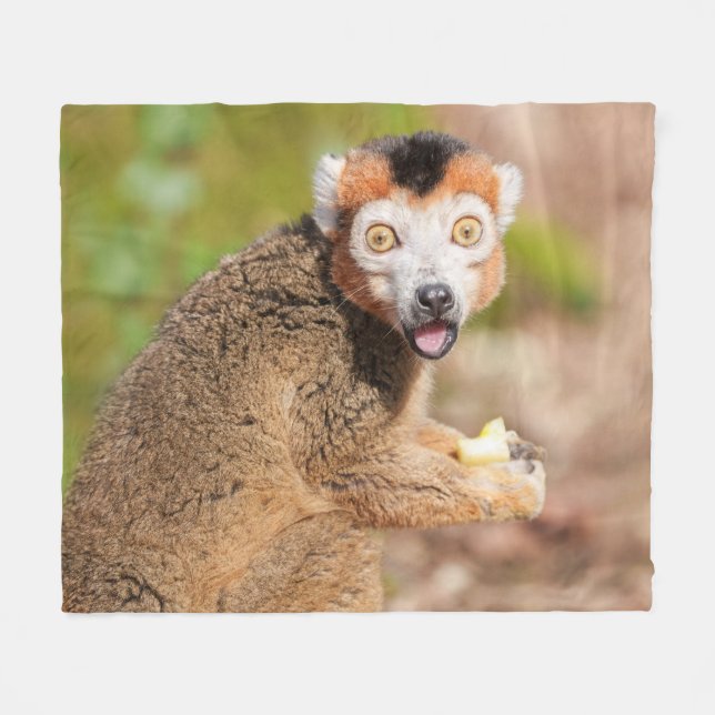 Crowned Lemur's Surprise: A Candid Expression Fleece Blanket (Front (Horizontal))
