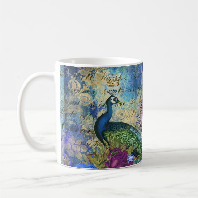 Crowned Peacock Blue and Purple Floral Coffee Mug (Left)