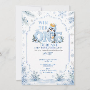 Crowned Penguin Winter ONEderland First Birthday Invitation