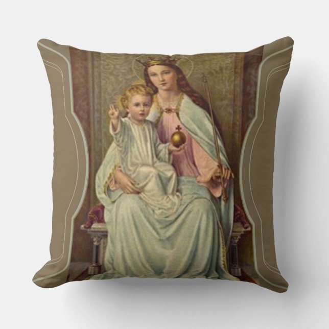 Crowned Queen of Heaven Infant Jesus holding Globe Cushion (Front)