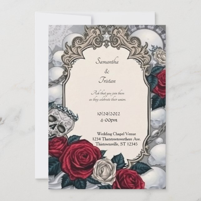 Crowned Skull and Roses Frame Gothic Wedding Invitation (Front)