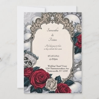 Crowned Skull and Roses Frame Gothic Wedding Invitation