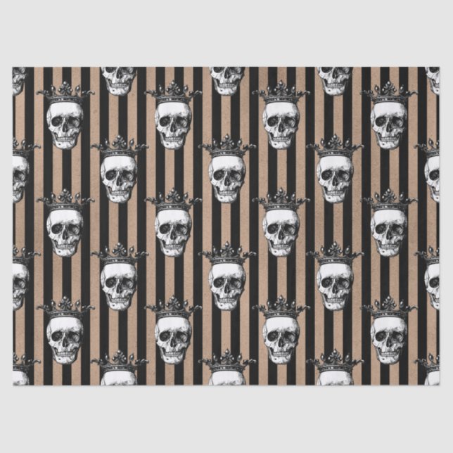Crowned Skulls on Black and Tan Striped Decoupage Tissue Paper (Front)
