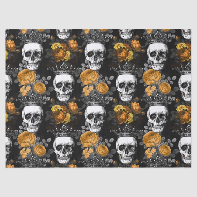 Crowned Skulls with Orange Roses Decoupage Tissue Paper (Front)