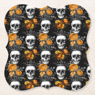 Crowned Skulls with Orange Roses Paper Coaster