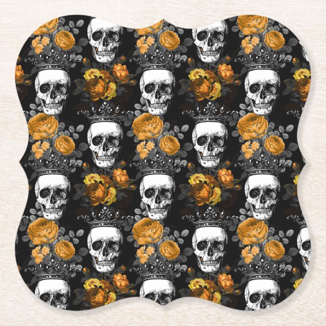 Crowned Skulls with Orange Roses Paper Coaster (Front)