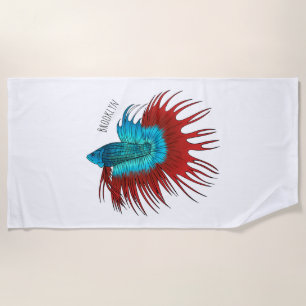 Crowntail betta fish cartoon illustration beach towel