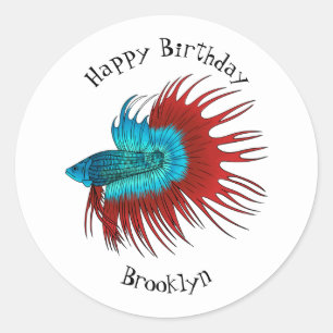 Crowntail betta fish cartoon illustration classic round sticker