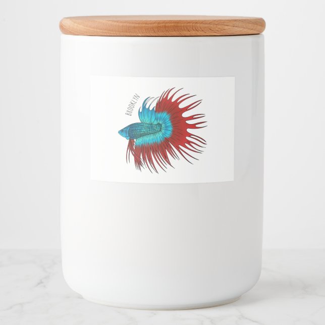 Crowntail betta fish cartoon illustration food label (Front)