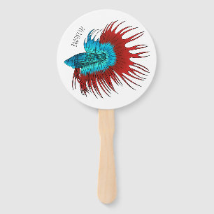 Crowntail betta fish cartoon illustration hand fan