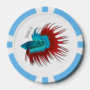 Crowntail betta fish cartoon illustration poker chips