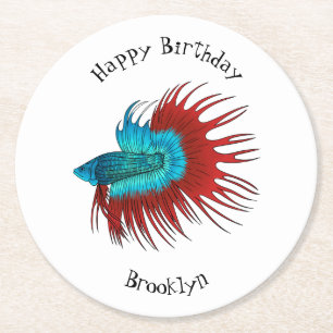 Crowntail betta fish cartoon illustration round paper coaster