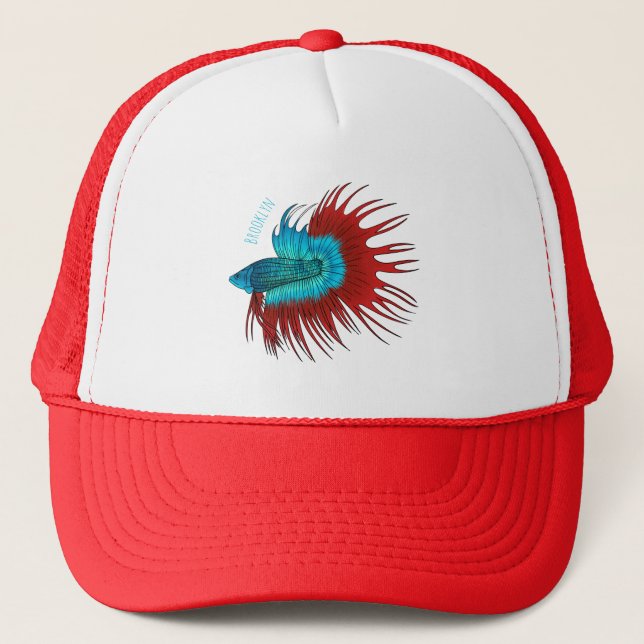 Crowntail betta fish cartoon illustration trucker hat (Front)