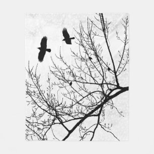Crows and Trees Black and White Gothic Landscape Fleece Blanket