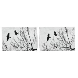 Crows Flying Birds in Trees Black White Gothic Pillowcase