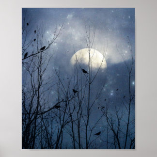 Crows on A Moody Blue Moonlit Sky Poster