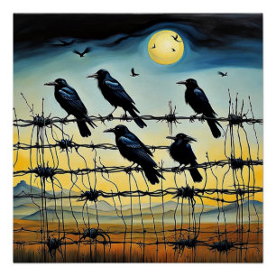 Crows on barbed fence 1 poster