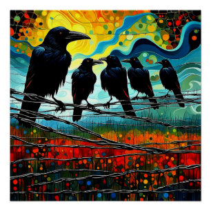 Crows on wire fence 4 poster