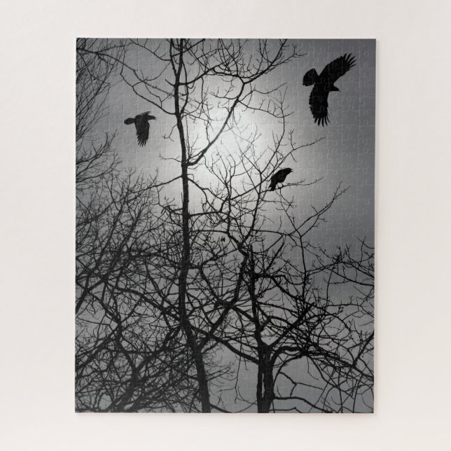Crows Silhouette Glowing Sun Trees Gothic Scene Jigsaw Puzzle (Vertical)