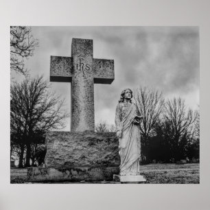 Crucifix and angel in black and white poster