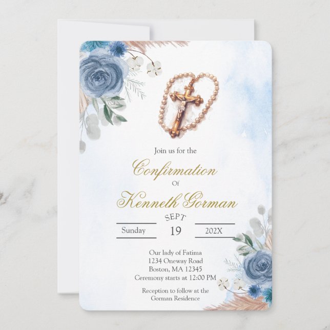 Crucifix blue floral confirmation Invitation (Front)