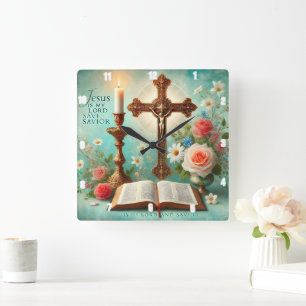 Crucifix Candlelight Bible Floral Jesus Square Wall Clock