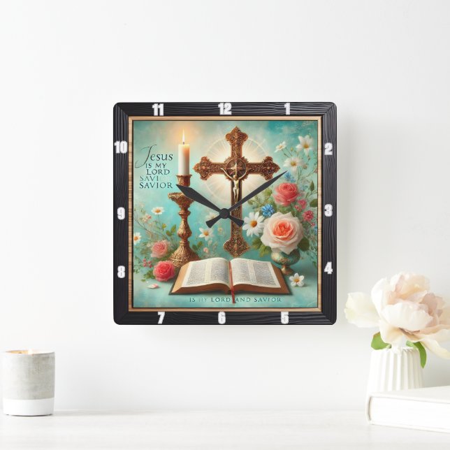 Crucifix Candlelight Bible Floral  Square Wall Clock (Home)