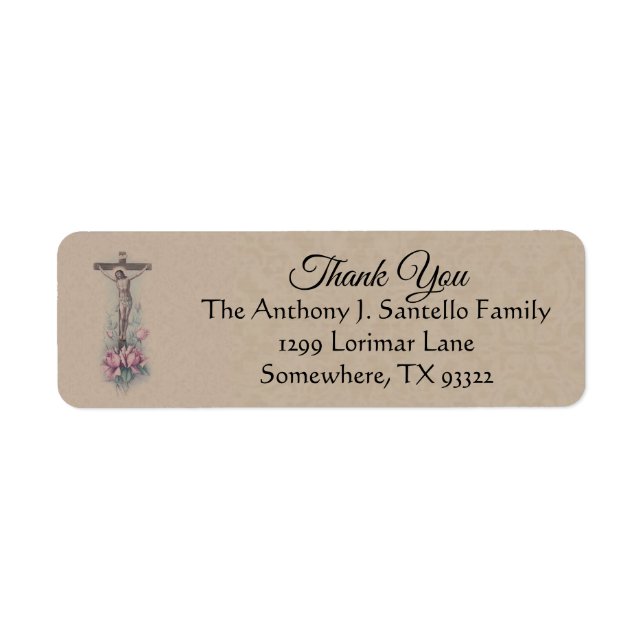 Crucifix Pink Flowers Thank You Return Address Label (Front)