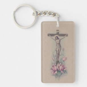 Crucifix St. Therese Quote Pink Roses Key Ring