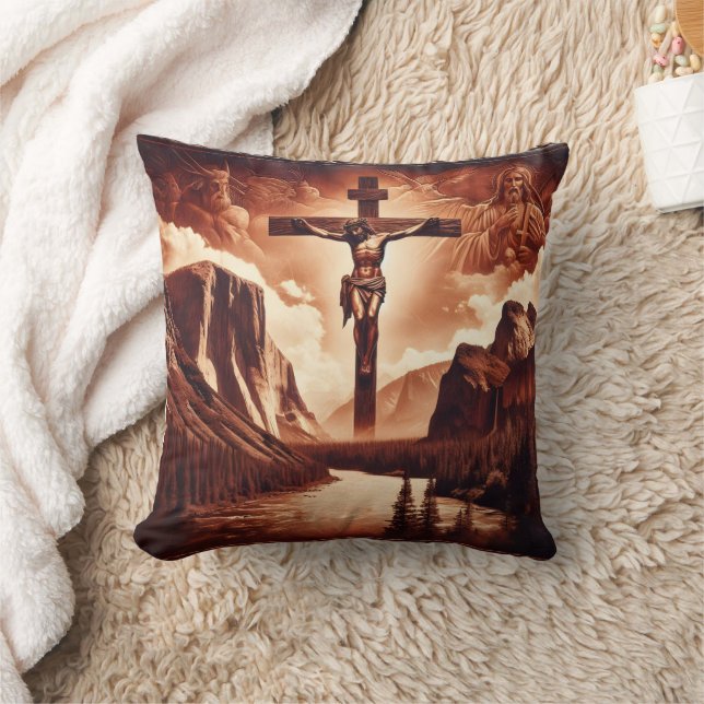 Crucifixion of Jesus Amidst Majestic Mountains Cushion (Blanket)