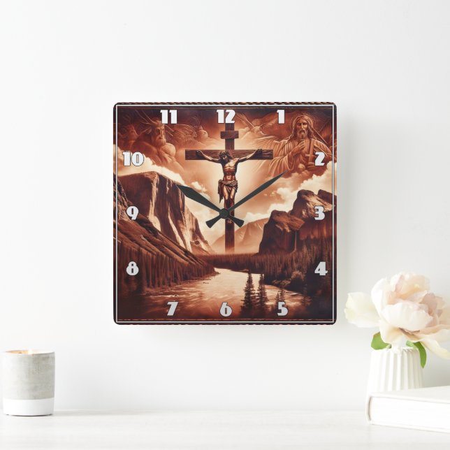 Crucifixion of Jesus Amidst Majestic Mountains Square Wall Clock (Home)