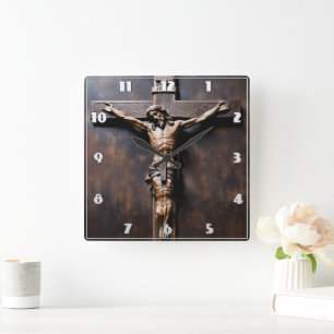Crucifixion of Jesus on Wooden Cross Square Wall Clock