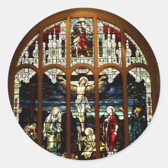 Crucifixion of Jesus Stained Glass Window Classic Round Sticker (Front)