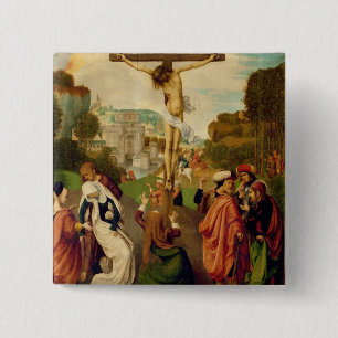 Crucifixion (oil on panel) 15 cm square badge