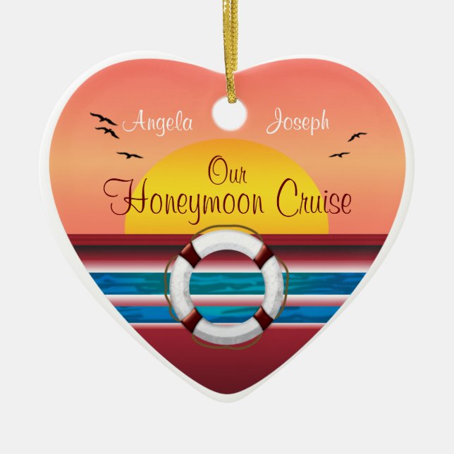 Cruise Honeymoon - Sunset Template Heart Ceramic Tree Decoration (Front)
