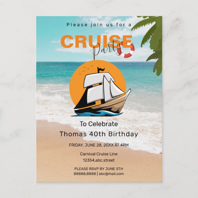 Cruise Party 40 Birthday Party Invitation Postcard (Front)