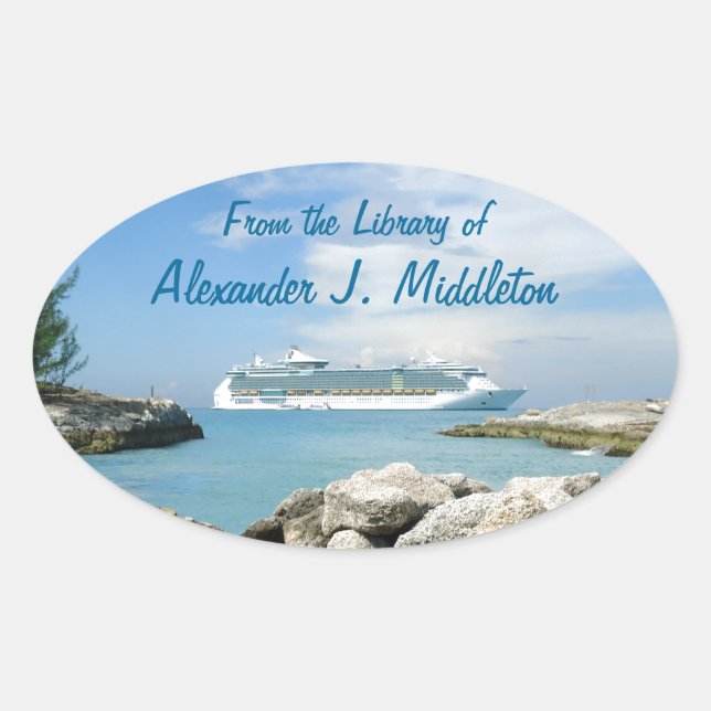 Cruise Ship at CocoCay Personalised Bookplate Oval Sticker (Front)