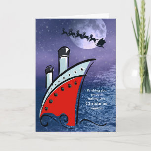 Cruise Ship - Boat at Sea + Santa flying over head Holiday Card