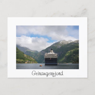 Cruise ship in Geirangerfjord Norway text postcard