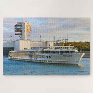 Cruise ship leaving the lock, European river Jigsaw Puzzle