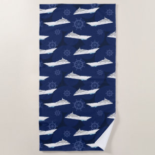 Cruise Ship Nautical Blue White Pattern Beach Towel